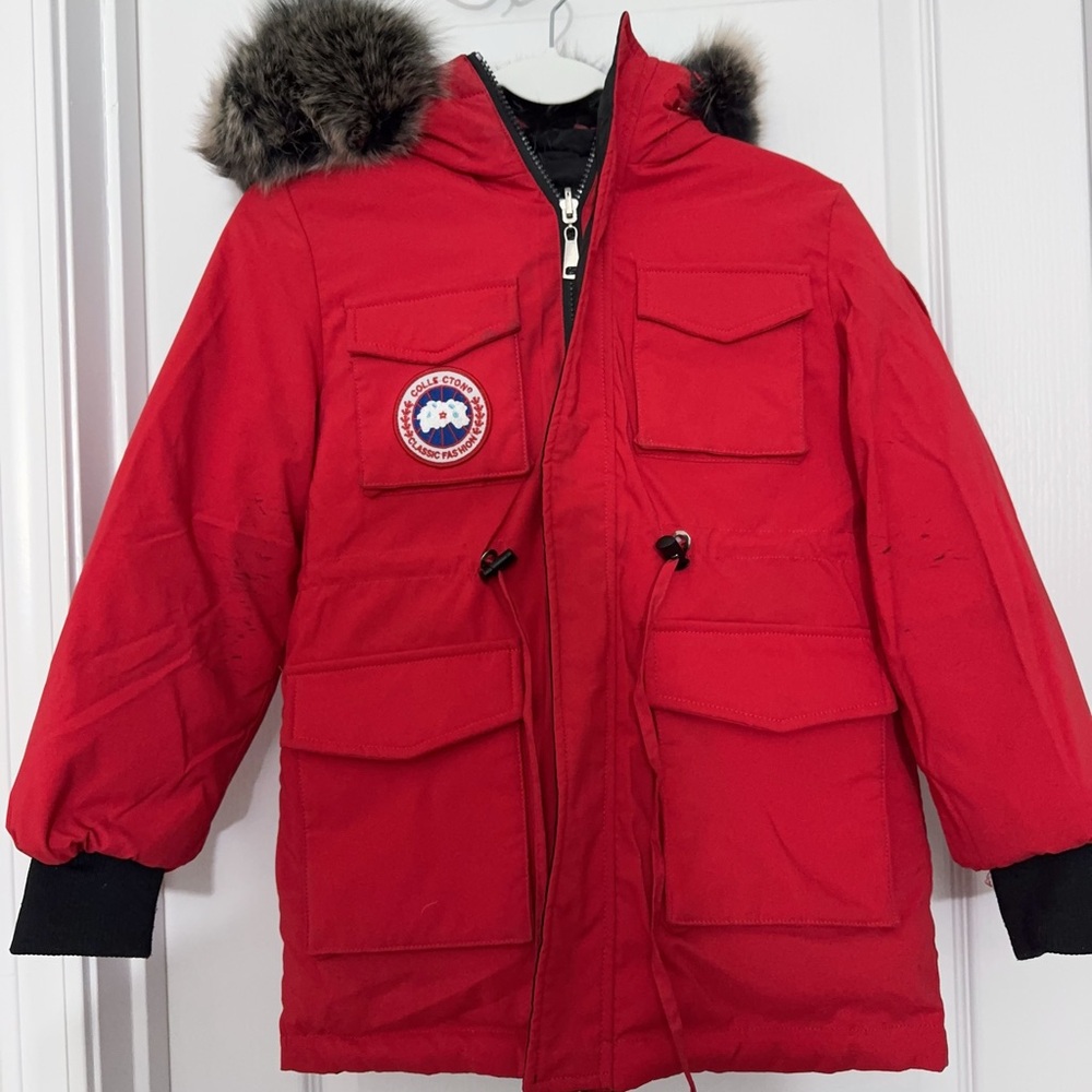 Reversible red black down coat parka with real fur hood